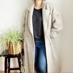 Vintage Herringbone Trench Coat - Cream and Gray